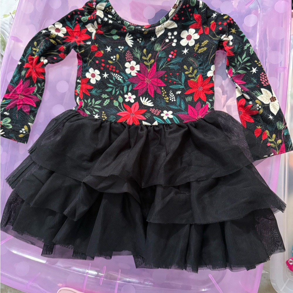Floral Long Sleeve Dress with Black Tulle Skirt